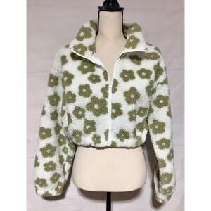 HYFVE Sz L sherpa fleece olive Daisy floral cropped jacket